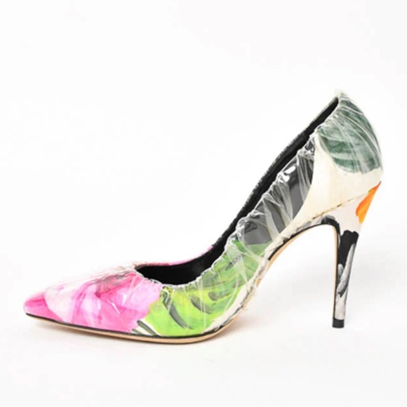 Off-White X Jimmy Choo Pink White Floral Satin Heels Plastic Overlay Size 37 - Picture 3 of 11